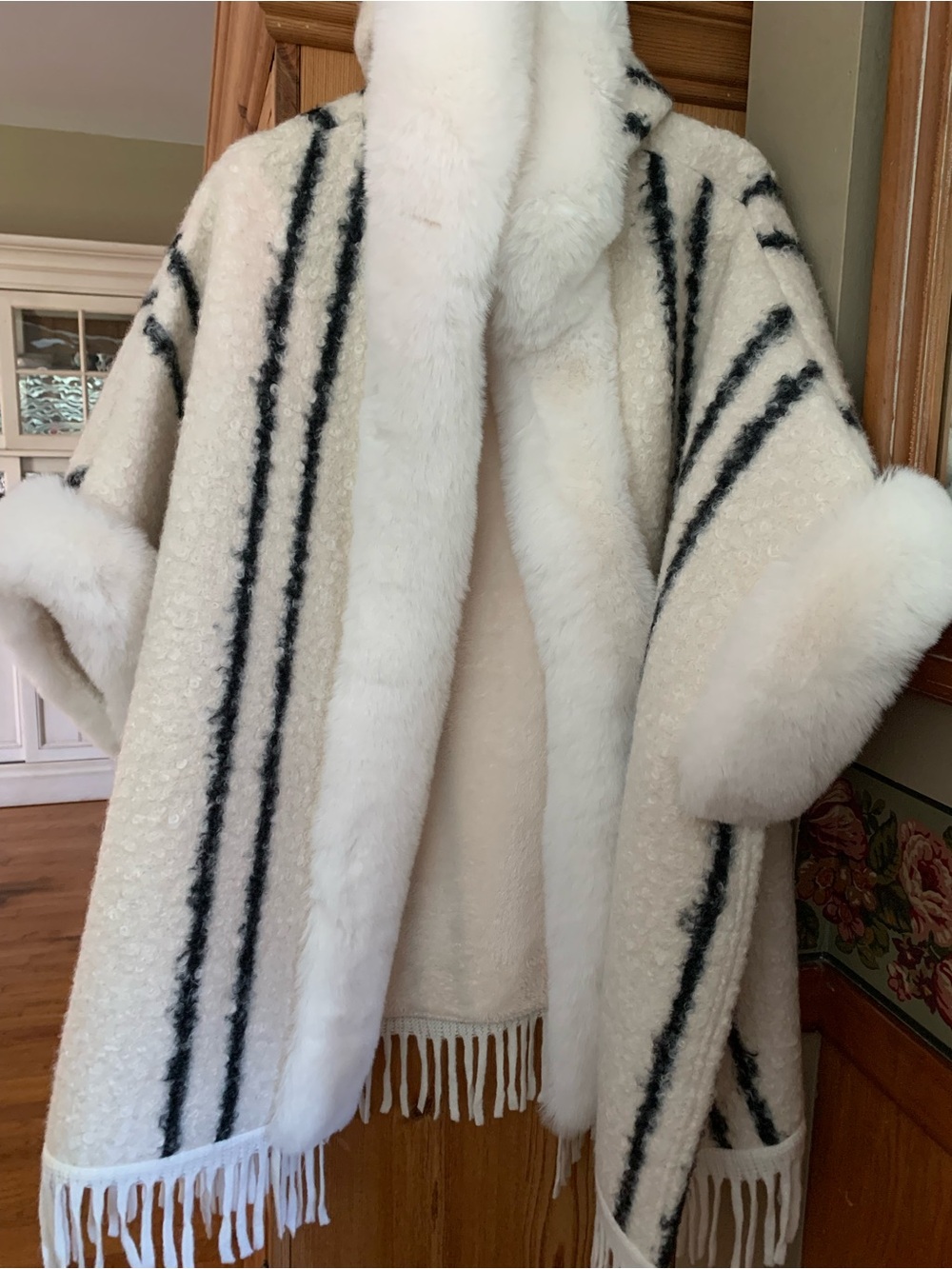 Cream and Black Striped Women's Hooded Sweater